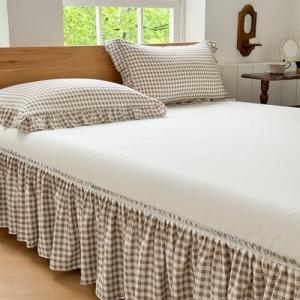 Tan Gingham Ruffled Bed Skirt for Queen Beds