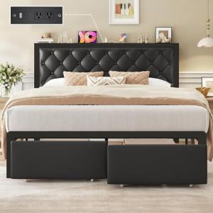 Queen Bed Frame with Storage Drawers and Charging Station