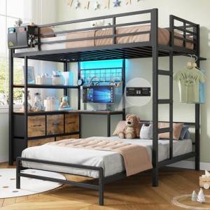 Black Twin XL Bunk Bed with Desk and Storage