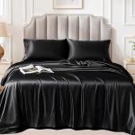 FreshCulture Satin Sheets Queen Size Bed Set- 4 Piece Luxury Soft Silky Queen Sheet Set, Similar to Silk Bed Sheets with 1 Deep Pocket Fitted Sheet, 1 Flat Sheet & 2 Pillowcases (Black)