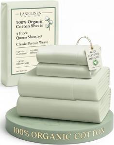 LANE LINEN 100% Organic Cotton Sheets Queen Size Bed Set, Machine Wash Eco Friendly Sustainably Produced Cotton Queen Sheet Set, Soft & Comfy Long Stabple Naturally Cooling Sheets– Mineral