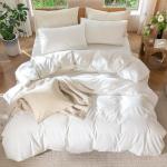 MooMee Bedding Duvet Cover Set 100% Washed Cotton Linen Like Textured Breathable Durable Soft Comfy (Solid Off White, Queen 90"x90")