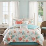 Madison Park 100% Cotton Comforter Set - Coastal Coral, Starfish Design All Season Down Alternative Cozy Bedding with Matching Shams, Decorative Pillow, Queen(90"x90"), Teal 7 Piece