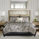 Madison Park Aubrey Cozy Comforter Set, Faux Silk Jacquard Paisley Design - All Season Down Alternative Bedding with Cotton Bed Sheets, Bed Skirt & Toss Pillows, Queen Black 12 Piece