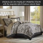 Madison Park Aubrey Cozy Comforter Set, Faux Silk Jacquard Paisley Design - All Season Down Alternative Bedding with Cotton Bed Sheets, Bed Skirt & Toss Pillows, Queen Black 12 Piece