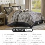 Madison Park Aubrey Cozy Comforter Set, Faux Silk Jacquard Paisley Design - All Season Down Alternative Bedding with Cotton Bed Sheets, Bed Skirt & Toss Pillows, Queen Black 12 Piece