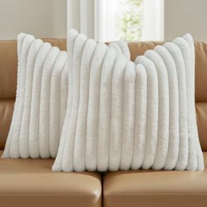 Cream Faux Rabbit Fur Throw Pillow Covers - Set of 2