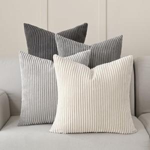 Set of 4 Neutral Grey Corduroy Throw Pillow Covers