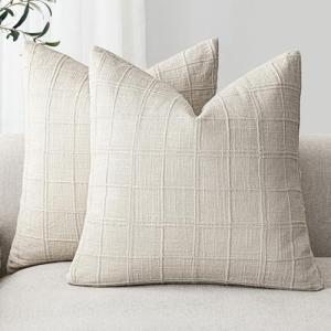 Set of 2 Neutral Linen Check Throw Pillow Covers