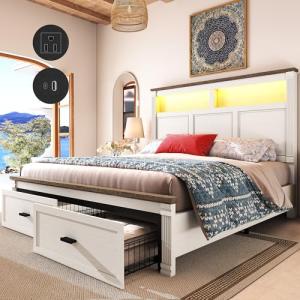 Farmhouse King Bed Frame with Storage & LED Charger