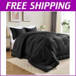 Cosmoluxe King Size Comforter Set, Satin Comforter Sets for All Season, 3 Pieces Reversible Lightweight and Breathable Bedding Sets with 1 Silky Comforter and 2 Pillow Shams (Black)