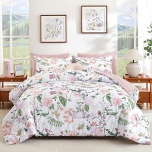 Anibedding 7Pieces Floral Queen Size Comforter Set, Garden Plant Style Bed in a Bag Pink Flower Bedding Comforter Set with Pillow Case for Bedroom