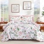 Anibedding 7Pieces Floral Queen Size Comforter Set, Garden Plant Style Bed in a Bag Pink Flower Bedding Comforter Set with Pillow Case for Bedroom