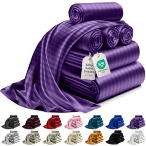 DECOLURE Satin Bed Sheets - 6 Piece Luxury Silky King Size Bedding Set - Softer Than Silk, Wrinkle-Free with 15” Deep Pocket Fitted Sheet, Perfect for Hair & Skin, Gifts for Women (Striped Purple)