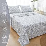 Mooreeke Cozy Vintage Microfiber Printed Queen Sheet Set - Soft Breathable Percale Cotton Floral Bed Sheets with Deep Pocket - Non-Slip Fitted Design - Yellow Blue Gray Gradient Flowers Pattern