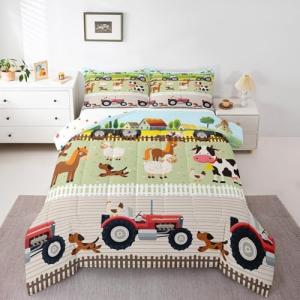 Feelyou Tractor Bedding Sets Toddler Size for Kids Boys Cute Cartoon Farm Animals Comforter Set Girls Farmhouse Country Down Comforter for All Season Colorful Room Decor Nature Theme Duvet Set