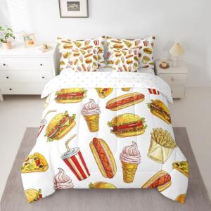 Feelyou Hamburger Print Comforter Set 7 Pieces Twin Size Pizza Cola Hot Dog Bed in A Bag for Kids Children Fast Food Theme Bedding Set Funny Delicious Food Bed Set with Sheets Bedroom Decor