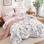 Anibedding 7Pieces Floral Queen Size Comforter Set, Garden Plant Style Bed in a Bag Pink Flower Bedding Comforter Set with Pillow Case for Bedroom