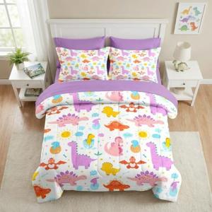 Pamnest Comforter Set Twin Size, Cute Dinosaur 5 Pcs Bedding for Kids and Adults, Love Rainbow Happy Bed Sheet Sets with Fitted Sheet Pillowcase & Sham for Bedroom Bed Decor