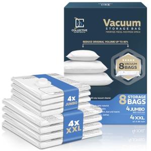 8 Pack Vacuum Storage Bags – 4 XXL & 4 Jumbo Vacuum Seal Bags for Blankets, Comforters, Clothing & Bedding - Space Saver Compression Bags