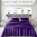 DECOLURE Satin Bed Sheets - 6 Piece Luxury Silky King Size Bedding Set - Softer Than Silk, Wrinkle-Free with 15” Deep Pocket Fitted Sheet, Perfect for Hair & Skin, Gifts for Women (Striped Purple)