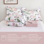 Anibedding 7Pieces Floral Queen Size Comforter Set, Garden Plant Style Bed in a Bag Pink Flower Bedding Comforter Set with Pillow Case for Bedroom