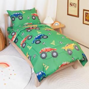 TinyPalsa Toddler Bedding Set, 4-Piece Green Truck Comforter Set for Girls and Boys, Breathable Crib Bedding Includes Ultra-Soft Quilt, Flat and Fitted Sheets, and Reversible Pillowcase