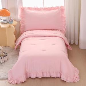 Wowelife Pink Toddler Bedding Set for Girls Toddler Bedding 4 Pieces Boho Tufted Comforter with Ruffles Design Toddler Girl Bed Set with Comforter, Fitted Sheet, Flat Sheet and Pillowcase