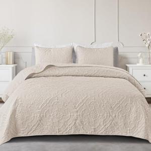 Exclusivo Mezcla Quilts Queen Size Bedding Set with 2 Pillow Shams, Lightweight Brich Beige Full Queen Quilt Bedspread with Vintage Damask Pattern, Soft Bedspreads Coverlets for All Seasons