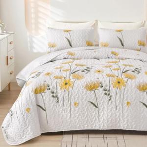Dinjoy Quilt Set Queen Cute Floral Bedspread Coverlet Yellow Flower Quilts Microfiber Lightweight Summer Bedding Sets Reversible Soft Quilted Bed Cover for All Season(96"x90")