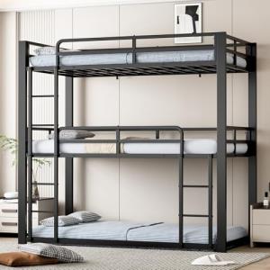 Mixcous Metal Triple Bunk Bed, Twin Over Twin Over Twin Heavy Duty Bunkbeds, Full-Length Guardrail Family-Friendly for All Ages, Bedroom, No Box Spring Needed, Easy Assembly, Black