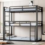 Mixcous Metal Triple Bunk Bed, Twin Over Twin Over Twin Heavy Duty Bunkbeds, Full-Length Guardrail Family-Friendly for All Ages, Bedroom, No Box Spring Needed, Easy Assembly, Black