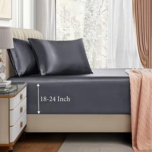 VACVELT 3pcs Extra Deep Pocket Satin Fitted Sheet Set King Bed Set, Grey Bottom Sheet Fit 18-24 Inch Deep Pocket Mattress, Silky Bedding Set Soft & Ultra Deep Fitted Sheet & 2 Pillowcase