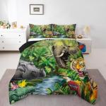 Jungle Animals Comforter Twin Crocodile Hippo Elephant Tiger Bedding Sets African Safari Animal Comforter Set for Kids Boys Girls Cartoon Zoo Theme Down Comforter with 1 Comforter and 1 Pillow Case