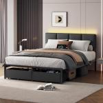 Furnulem Full Size Bed Frame with Headboard, Upholstered Full Bed Frame with LED Light, USB Charging Station, Platform Bedframe with 2 Fabric Underbed Storage Drawers, No Spring Box Needed