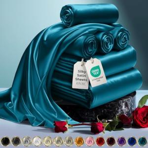 DECOLURE Satin Bed Sheets - 6 Piece Luxury Silky King Size Bedding Set - Softer Than Silk, Wrinkle-Free with 15” Deep Pocket Fitted Sheet, Perfect for Hair & Skin, Gifts for Women (Sea Teal)