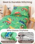 TinyPalsa Toddler Bedding Set, 4-Piece Green Truck Comforter Set for Girls and Boys, Breathable Crib Bedding Includes Ultra-Soft Quilt, Flat and Fitted Sheets, and Reversible Pillowcase