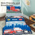 EVERYDAY KIDS 4 Piece Toddler Bedding Set -Fire and Police Rescue- Includes Comforter, Flat Sheet, Fitted Sheet and Reversible Pillowcase