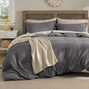 Bedsure Luxury Waffle Duvet Cover King Size - Textured Duvet Cover Set, Soft, Breathable Bedding Set (104"x90") with 2 Pillow Shams for All Season, Dark Grey, Comforter Not Included