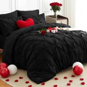HIMEET Queen Comforter Set 7 Pieces Bed in A Bag Black Luxury Soft Queen Size Bed Set Pintuck Pinch Pleat Bedding Sets with Comforter, Flat Sheet, Fitted Sheet and Pillowcases & Shams