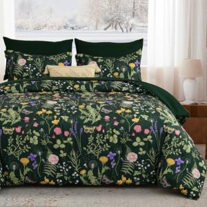 Yiran Queen Comforter Set 7 Piece, Dark Green Floral Bedding Set, Bed in a Bag Queen with Botanical Flowers Patterns, Soft Lighrweight Complete Comforters with Sheets for All Season
