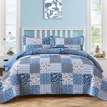 Mybedsoul Blue Boho Quilt Set Queen Size,3 Pieces Plaid Floral Bedspread Coverlet Set for All Season,Patchwork Reversible Bedding Set Queen 90"x96"
