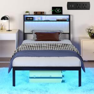 J.Fkne Twin Bed Frames with LED Lights & Charging Station, Metal Platform Frame with Upholstered Headboard, No Box Spring Needed, Noise Free, Easy Assembly