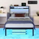 J.Fkne Twin Bed Frames with LED Lights & Charging Station, Metal Platform Frame with Upholstered Headboard, No Box Spring Needed, Noise Free, Easy Assembly
