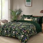Yiran Queen Comforter Set 7 Piece, Dark Green Floral Bedding Set, Bed in a Bag Queen with Botanical Flowers Patterns, Soft Lighrweight Complete Comforters with Sheets for All Season
