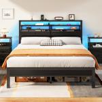Furnulem Full Size Bed Frame with Headboard & 2 Fabric Drawers, Full Platform Bed Featuring LED Lights, Built-in Charging Station & Storage Shelves, Metal Slats, No Box Spring Needed – Black Oak