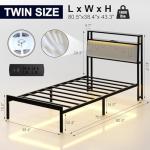 J.Fkne Twin Bed Frames with LED Lights & Charging Station, Metal Platform Frame with Upholstered Headboard, No Box Spring Needed, Noise Free, Easy Assembly
