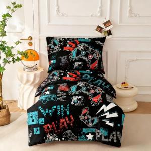 SDIII 4 Piece Dark Gamer Toddler Bedding Set Boy, Microfiber Video Game Toddler Boy Bedding Set with Comforter, Fitted Sheet, Flat Sheet, Pillowcase