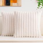 Aegero Pack of 2 Faux Fur Christmas Throw Pillow Covers 18x18 Inch, Soft Plush Striped Neutral Couch Pillow Cover, with Velvet Back Modern Home Decor for Sofa Living Room Couch Bed Cream White
