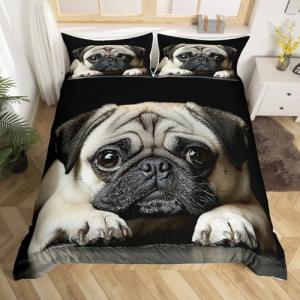 Erosebridal 3D Animal Theme Bedding Set King Size Black Dog Duvet Cover Set Cute Pug Dog Printed Comforter Cover for Kids Teen Boys Bedspread Cover Dog Pattern Quilt Cover Soft Lightweight